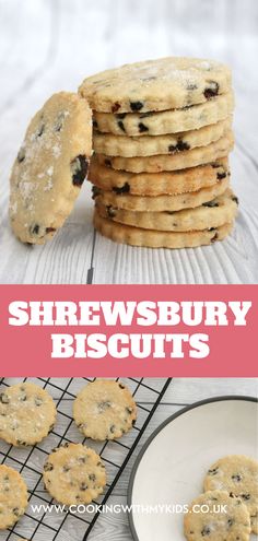 a stack of cookies sitting on top of a cooling rack next to a pile of cookies