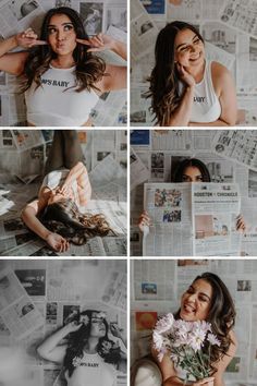 four different pictures of a woman with flowers in her hand and newspapers on the wall behind her