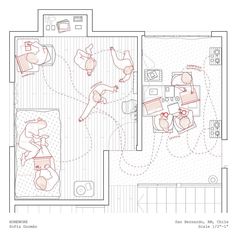 the floor plan for an apartment with two beds and one living room, as well as a kitchen