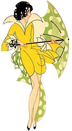 a drawing of a woman holding an umbrella with polka dots on the bottom and yellow dress