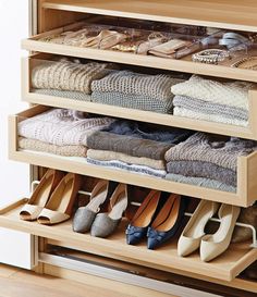 an organized closet with shoes and other items