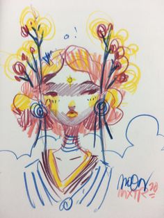 a child's drawing of a girl with flowers in her hair and stars on her head