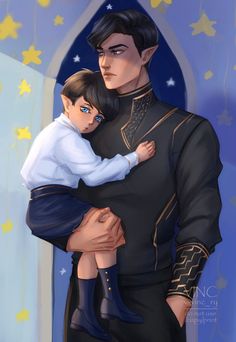 a painting of a man holding a child in front of a blue background with stars