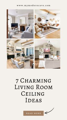 living room and dining room with text overlay that reads, 7 charming living room ceilinging ideas