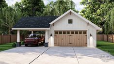 a car is parked in front of a garage with an attached carport on the driveway