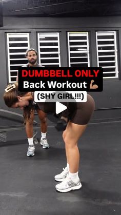 two women doing dumbbell exercises in front of a man on the other side, with text that reads dumbbell only back workout shy girl