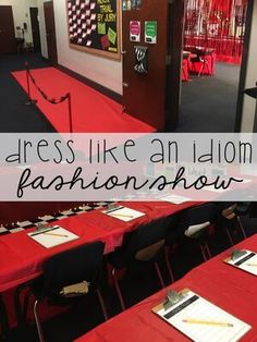 a room with red table cloths and writing on the walls that says dress like an icon fashion show