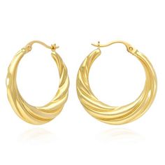 Weight (gm): 3.1 Metal: Yellow Gold Metal Purity: 14K Finish: High Polished Earring Type: Hoop Earring Backing: Hinged Diameter: 27mm Thickness: 4mm Crafted in: Italy Size: one size.  Gender: unisex.  Age Group: adult. Everyday Yellow Gold Clip-on Hoop Earrings, Trendy 14k Gold-filled Yellow Gold Hoop Earrings, Twisted Yellow Gold Hoop Earrings, Tarnish Resistant, Elegant Gold-tone 14k Gold-filled Hoop Earrings, Yellow Gold Tarnish-resistant Brass Hoop Earrings, Twisted Hoop Earrings, Gold Jewelry Earrings, Earring Type, Gold Metal