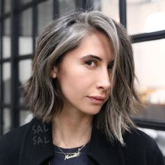 Highlights And Lowlights To Blend Grey Hair, 2023 Gray Hair Trends For Women, Mushroom Brown Hair With Grey Highlights, Medium Tousled Hair, Blending Natural Gray Hair, Cute Short Grey Hairstyles, Slate Grey Hair Color, Brown Grey Hair Balayage, Gray Blending With Lowlights