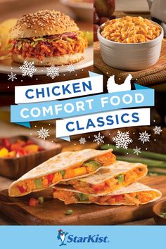 chicken and comfort food classics cookbook cover with images of sandwiches, macaroni and cheese