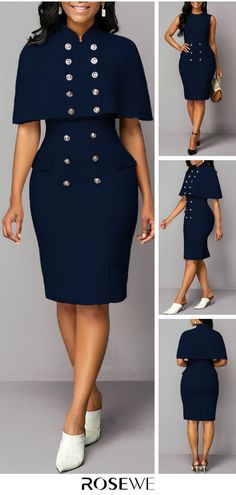 Button Detail Cape Shoulder Top and Back Slit Sheath Dress. #rosewe 12% off 2 items, 20% off over 4 items, code: FALL. Free shipping & 30 days easy return at Rosewe.com. #womensfashion#dress#bluedress Corporate Woman, Homecoming Suits, Corporate Dress, Women Fashion Dress, Dresses Holiday, Street Hijab Fashion, Corporate Attire, Outfits Dress, African Fashion Ankara