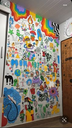 a wall covered in lots of colorful stickers