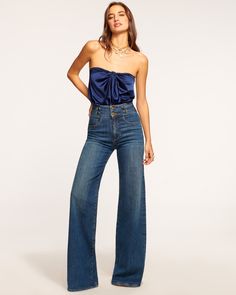 Liv Wide Leg Jean in medium wash | Ramy Brook Chic Fitted Denim Bottoms, Chic Full-length Denim Blue Jeans, Chic Fitted Denim Blue Pants, Fitted High Waist Flare Jeans With Five Pockets, High Waist Fitted Flare Jeans With Five Pockets, Chic High Rise Denim Flare Jeans, Fitted High Waist Jeans, Chic Denim Jeans, Chic Dark Wash Jeans