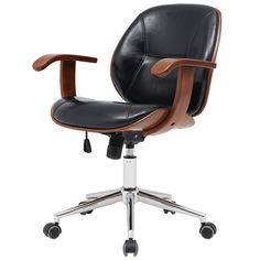 Samuel Leatherette Bamboo Office Chair w/ Armrest Black/Walnut Chrome Fabric, High Office Chair, 1950s Look, Stylish Office Chairs, Chair With Armrest, Contemporary Office Chairs, Black Office Chair, Caster Wheels, Bent Wood