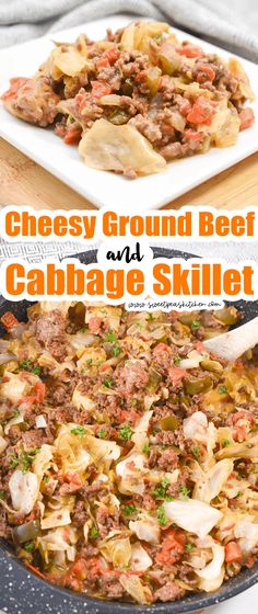 a skillet filled with cheesey ground beef and cabbage skillet is ready to be eaten