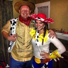 a man and woman dressed up as woody and daisy from the movie toy story costumes