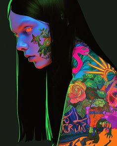 a woman with tattoos on her body and face is shown in neon colors, she has long black hair