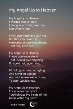 a poem written in front of a sunset with the words,'my angel up in heaven