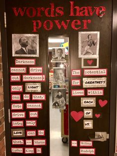 the door to words have power written on it with pictures and hearts attached to them