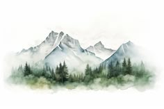 watercolor painting of mountains and trees with mist in the foreground on a white background