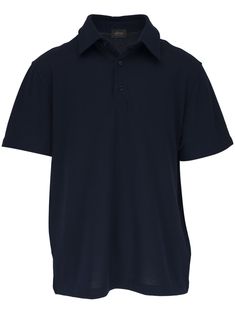 navy blue cotton polo collar front button placket short sleeves short side slits straight hem Navy Polo Shirt With Button Closure For Work, Classic Navy Polo Shirt With Placket, Classic Navy Polo Shirt With Placket Detail, Classic Navy Polo Shirt, Classic Navy Polo Shirt With Johnny Collar, Classic Polo Collar T-shirt With Button Closure, Classic Polo Collar T-shirt With Button-up, Classic Short Sleeve T-shirt With Placket, Blue Short Sleeve Polo Shirt For Workwear