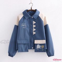 Qteee - Elegant Kitty Embroidered Colorblock Outerwear with Convenient Pockets Drawing Outfits, Loose Jacket, Cat Embroidery, Mori Girl Fashion, Japanese Cat, Fashion Hijab, Style Cardigan, Outfit Style, Kawaii Clothes