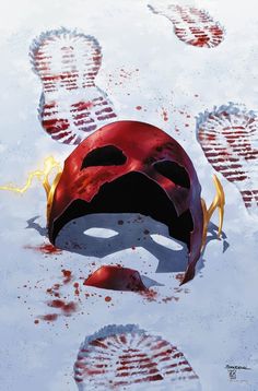 a mask with blood on it is surrounded by footprints