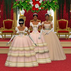 three women in dresses and gloves standing on a red carpeted area with flowers behind them