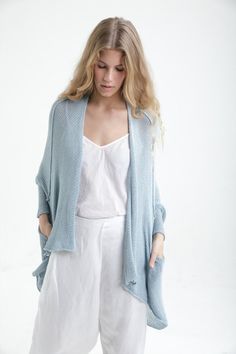 Light Blue Hand Knit Wrap Cardigan, Soft Summer Spring Knit Cardigan Jacket, Women Casual Hippie Bab