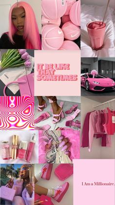 a collage of photos with pink hair and accessories