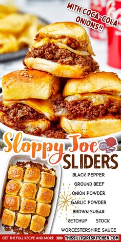 an advertisement for sloppy joe sliders with chili cheese and onion buns on the side