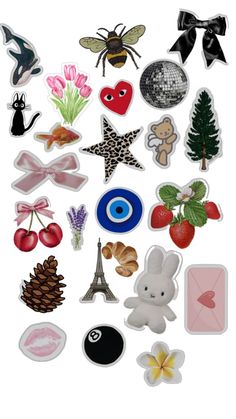 an assortment of various stickers on a white background