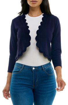 Layer on this three-quarter-sleeve shrug fashioned with a double-scalloped open front for contemporary style. Open front Three-quarter sleeves 80% rayon, 20% polyester Machine wash, tumble dry Imported Model stats: 5'10" height, 32" bust, 25" waist, 36" hip. Model is wearing size Small. Chic Fitted 3/4 Sleeve Shrug, Chic Spring Shrug With 3/4 Sleeves, Fitted 3/4 Sleeve Shrug For Fall, Fitted 3/4 Sleeve Summer Cardigan, Sleeve Shrug, Bolero Shrug, Shrug Sweater, Sweaters Crewneck, Three Quarter Sleeves