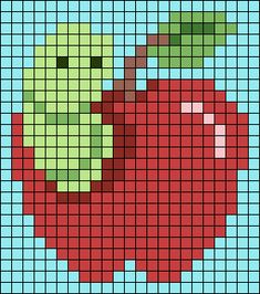 an apple pixelated in red and green on a blue background