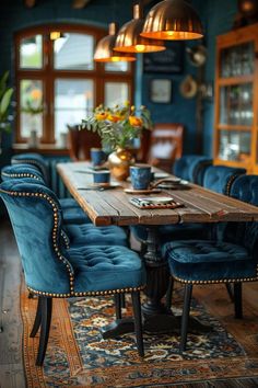 a dining room with blue velvet chairs and a wooden table