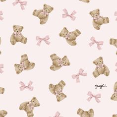 watercolor teddy bears with pink bows on a light pink background for wallpaper or fabric