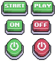 pixel style buttons with the words start and off