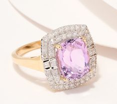 RSVP "yes" to that upscale event. You won't have to worry about finding the perfect outfit, because this stunning ring will be stealing the show with its cushion-cut kunzite gemstone surrounded by a double halo of diamonds. From Affinity® Gems. Luxury Kunzite Ring, Kunzite Ring, White Diamond Ring, Double Halo, Cushion Cut, White Diamond, Perfect Outfit, Halo, Wedding Bands