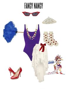 a woman in purple swimsuit and red shoes with accessories