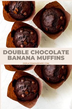 four chocolate banana muffins in brown paper wrappers on top of each other