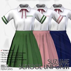 three school uniforms with red, green, blue and pink bows on the collars