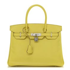 This is an authentic HERMES Epsom Birkin 30 in Lime. This stylish tote is beautifully crafted of epsom stamped calfskin leather in lime.  The bag features rolled leather top handles, a frontal flap and strap closure, and polished silver hardware including a turn lock. This opens to a matching leather interior with zipper and patch pockets. Birkin 30, Polish Silver, Hermes Bags, Hermes Birkin, Leather Interior, Birkin Bag, Leather Top, Silver Hardware, Hermes Bag Birkin