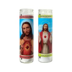 Sacred Heart of Jesus & Lord's Prayer Candles 8in 2 Pack. Sagrado Corazón de Jesús y Oración del Señor Tall glass jar candles feature the Jesus and the Sacred Heart and are ideal for candlelight vigils, and other spiritual practices. Unscented white wax is enclosed in a tall glass jar and designed to burn continuously over long periods of time.  Tall glass jar candles feature the Lord's Prayer and are ideal for novena, candlelight vigils, and other spiritual practices. Unscented white wax is enc Glass Prayer Candles, Sacred Heart Of Jesus Candle, Glass Grocery Store Candles Catholic, Jesus Candle, St Jude Prayer, Jesus Candles, Candle Light Vigil, Saint Jude, The Lord's Prayer