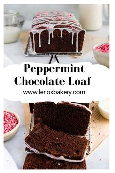 a loaf of peppermint chocolate loaf cake on a cooling rack