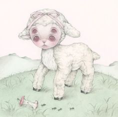 a drawing of a little lamb standing on top of a grass covered hill next to a dead bird