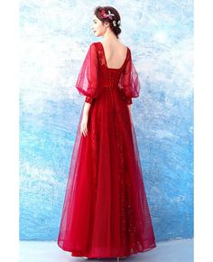 Buy Beautiful Red Sequin Wedding Party Dress With Flare Sleeves at wholesale price online. Free shipping and pro custom service since 2009. Red A-line Gown For Party, Red A-line Ball Gown For Prom, Red A-line Ball Gown For Formal Occasions, A-line Evening Dress For Wedding Gala, Elegant Red Ball Gown For Party, Red Evening Dress For Prom Season Banquet, Red Evening Dress For Banquet During Prom Season, Red Ball Gown For Prom Party, Red Evening Dress With Fitted Bodice For Banquet