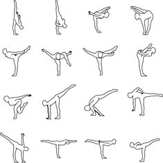 the silhouettes of people doing different yoga poses, including handstands and legs