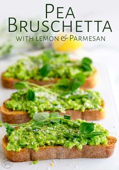 pea bruschetta with lemon and parmesan on toasted bread, garnished with fresh basil