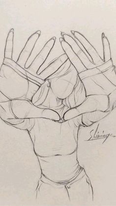 a drawing of a person holding their hands up in the air with both hands together