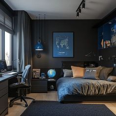 a bedroom with a bed, desk and computer